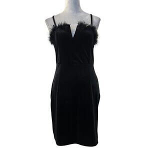 SHEIN Slayer Mini Dress Womens L Black Velvet V-Neck Fur Trimmed Spaghetti Strap